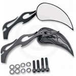 Drag Specialties Flame Teardrop Mirror w/ Sculptured Stem - Flame Stem, Black