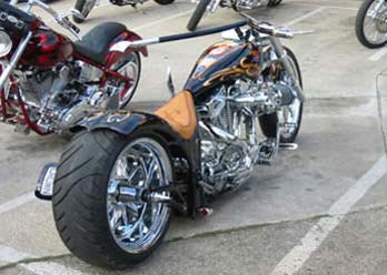 Bandit Wheels in Chrome finish installed on motorcycle, Right/Rear side angled view