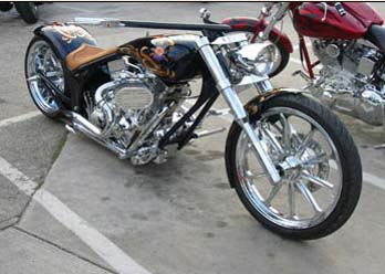 Bandit Wheels in Chrome finish installed on motorcycle, Right/Front side angled view