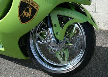 Gladiator Front wheel installed on Hayabusa shown, angled view