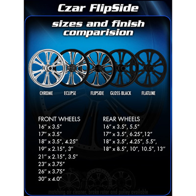 Czar Flipside  wheel's sizes and finish shown with image illustration(Chrome, Eclipse, Flipside, Glossblack and Flatline)