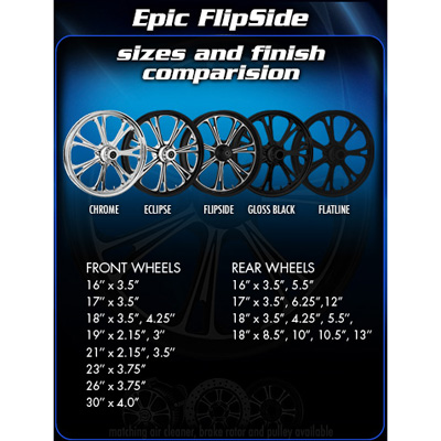 Epic FlipSide wheel's sizes and finish illustrated with images(Chrome, Eclipse, Flipside, Gloss Black & Flatline)
