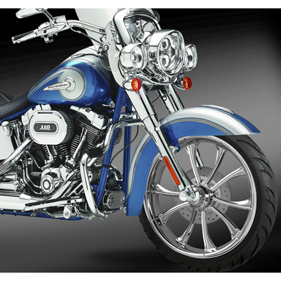 Maverick Forged Chrome front wheel shown on motorcycle